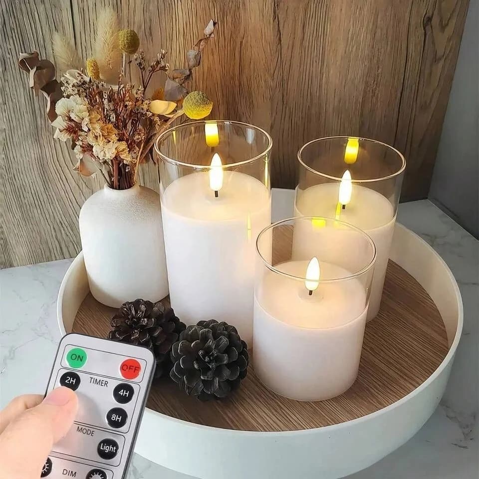 Set 3 Realistic Flameless LED Pillar Candles Acrylic Glass With Remote Control