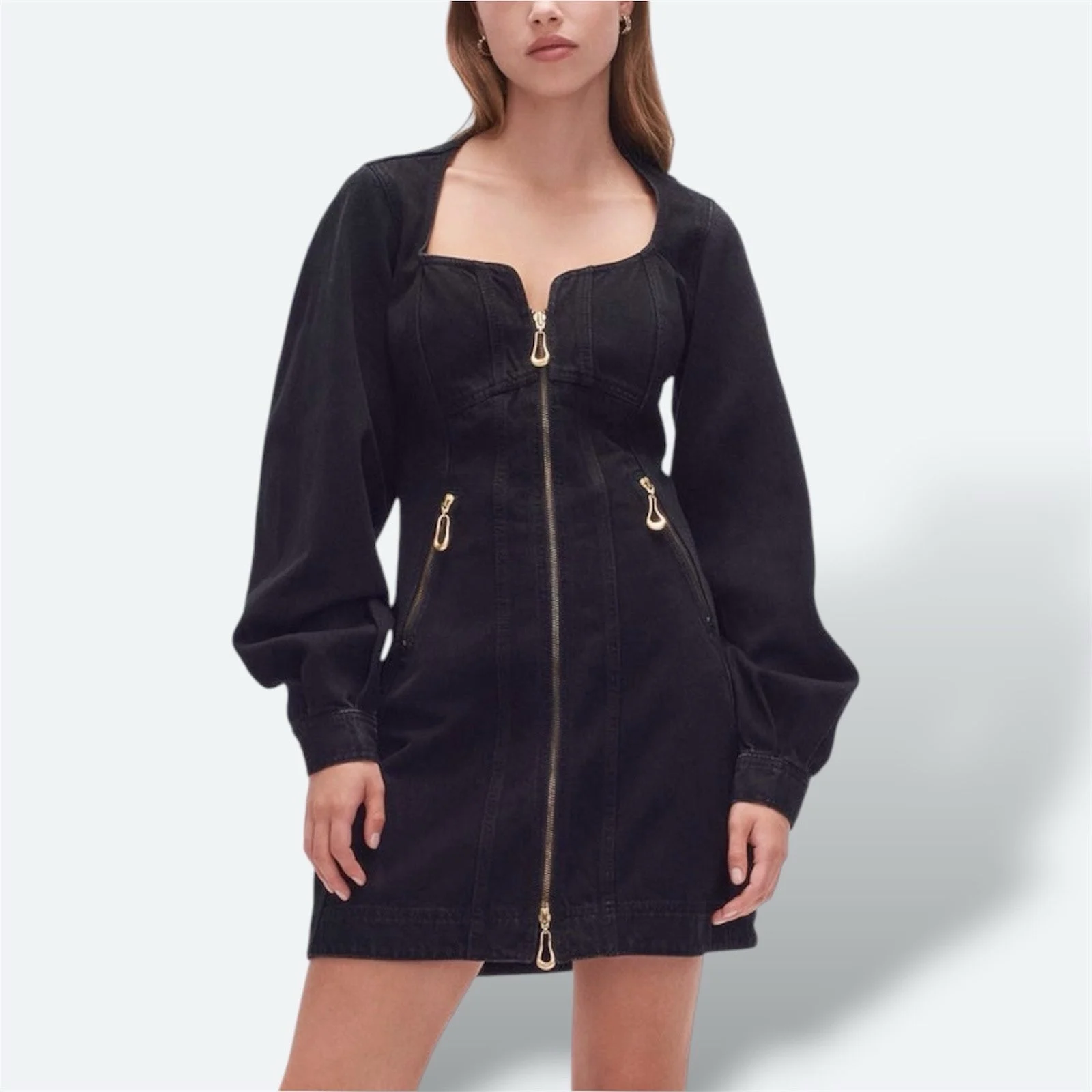 Aje Willa Denim Midi Dress Black AU 8 / US 4 / S Long Sleeve Zip Pockets
