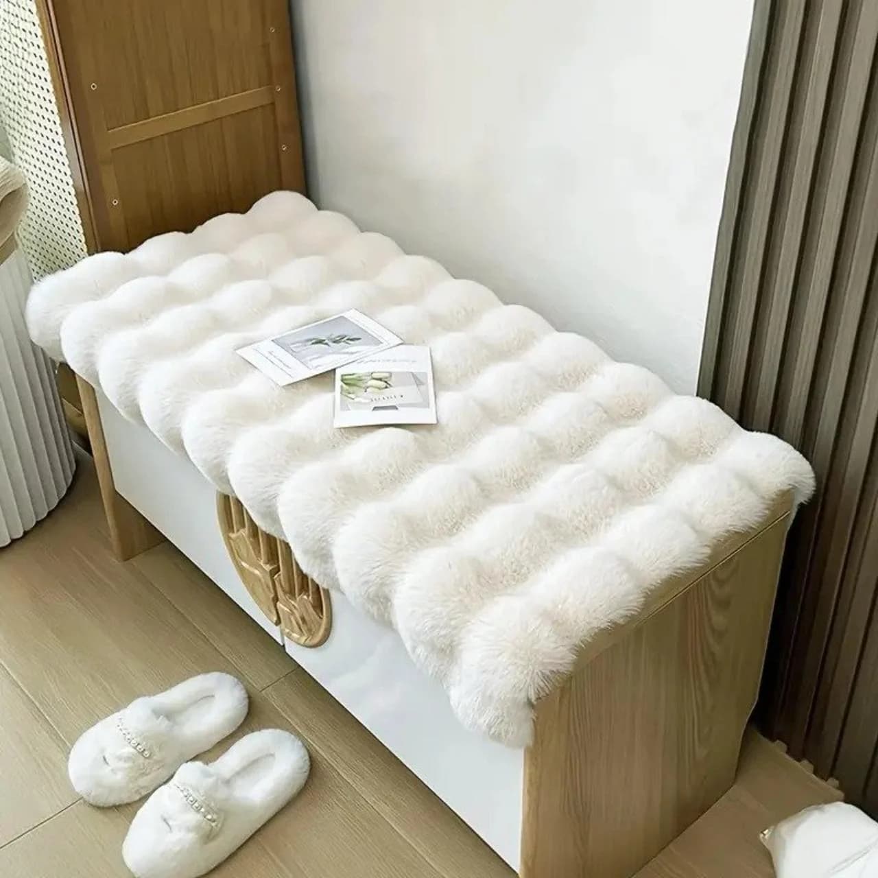 Ultra-soft and plush faux rabbit fur bubble rug in cream