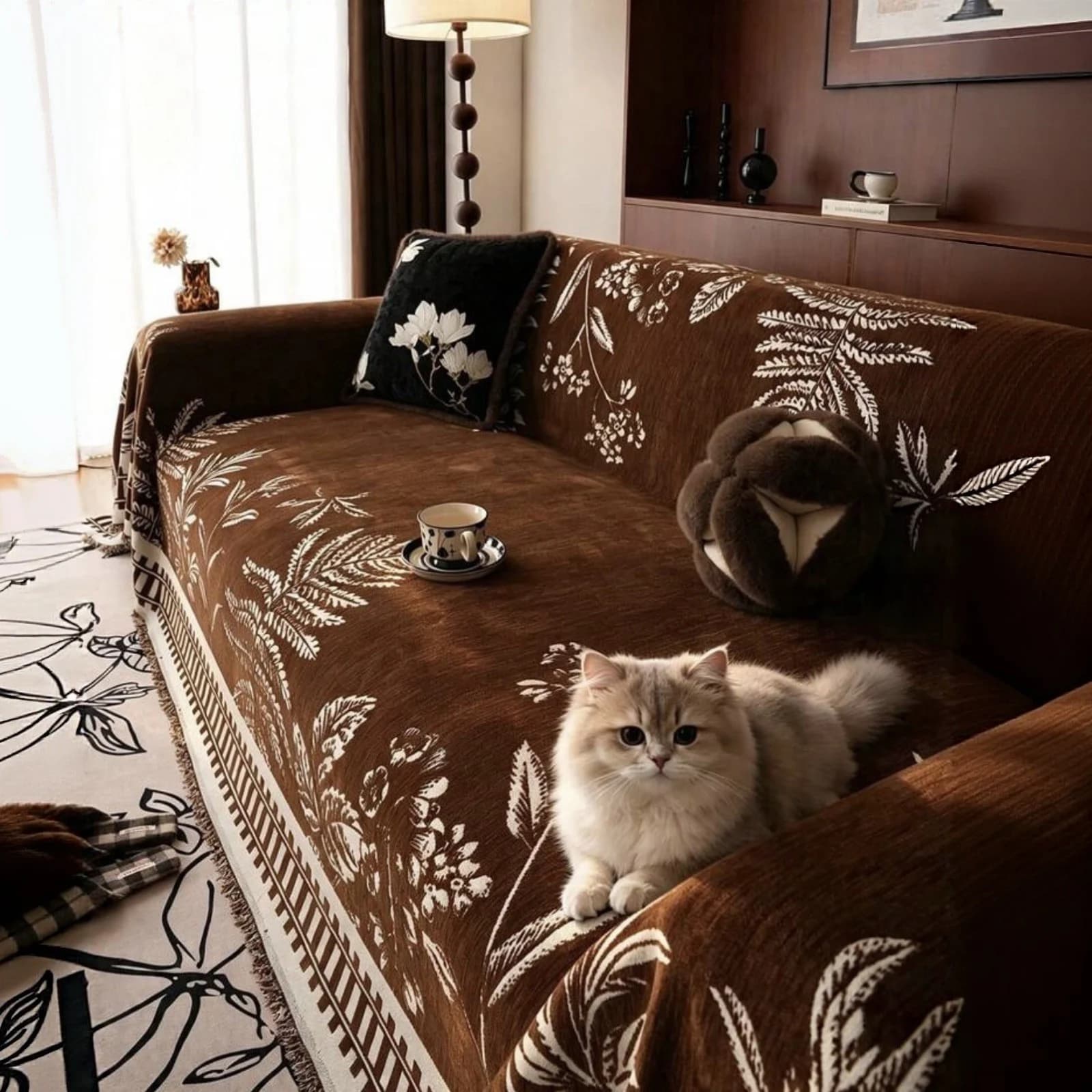 Boho Sofa Cover Botanical Brown Throw 130 x 180cm Washable Couch Pet Protector